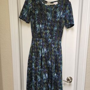 LuLaRoe Blue and Green Feather Print Midi Dress